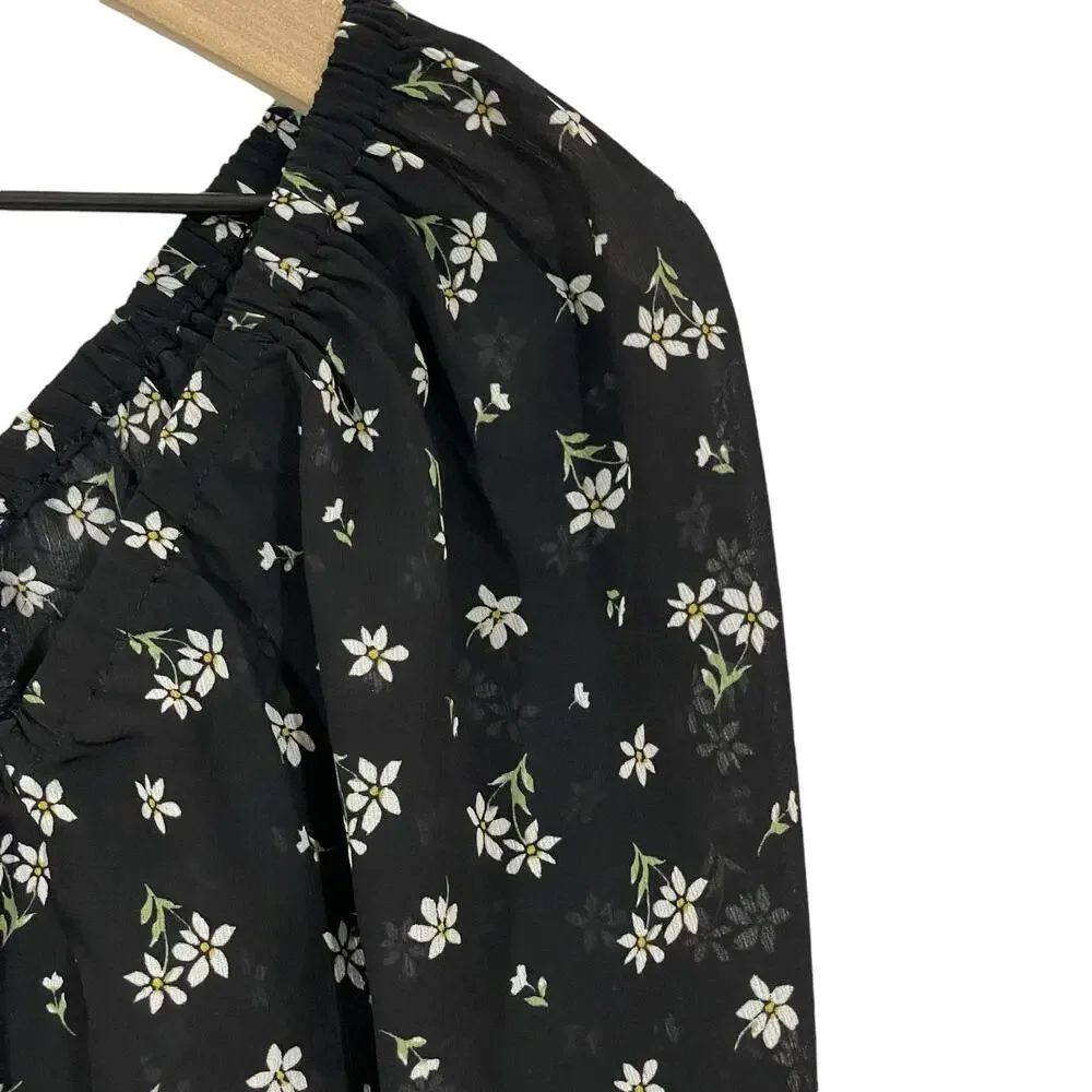 Madewell Zira Shirred Puff Sleeve Blouse - Ditsy Floral True Black - XS